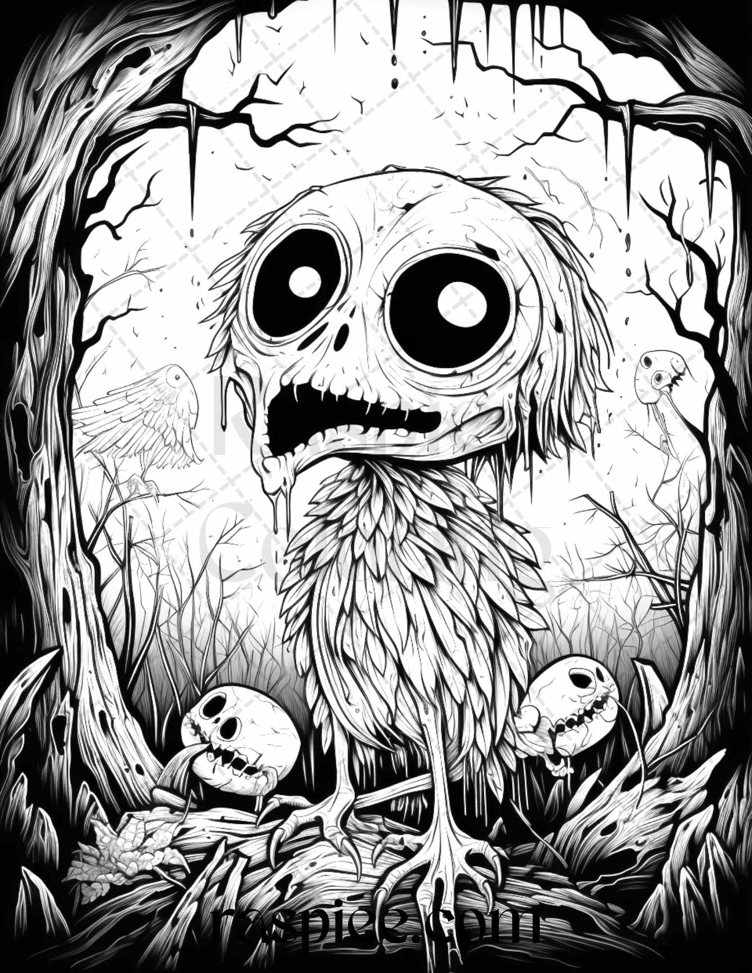 50 Halloween Scary Animals Grayscale Coloring Pages Printable for Adults, PDF File Instant Download