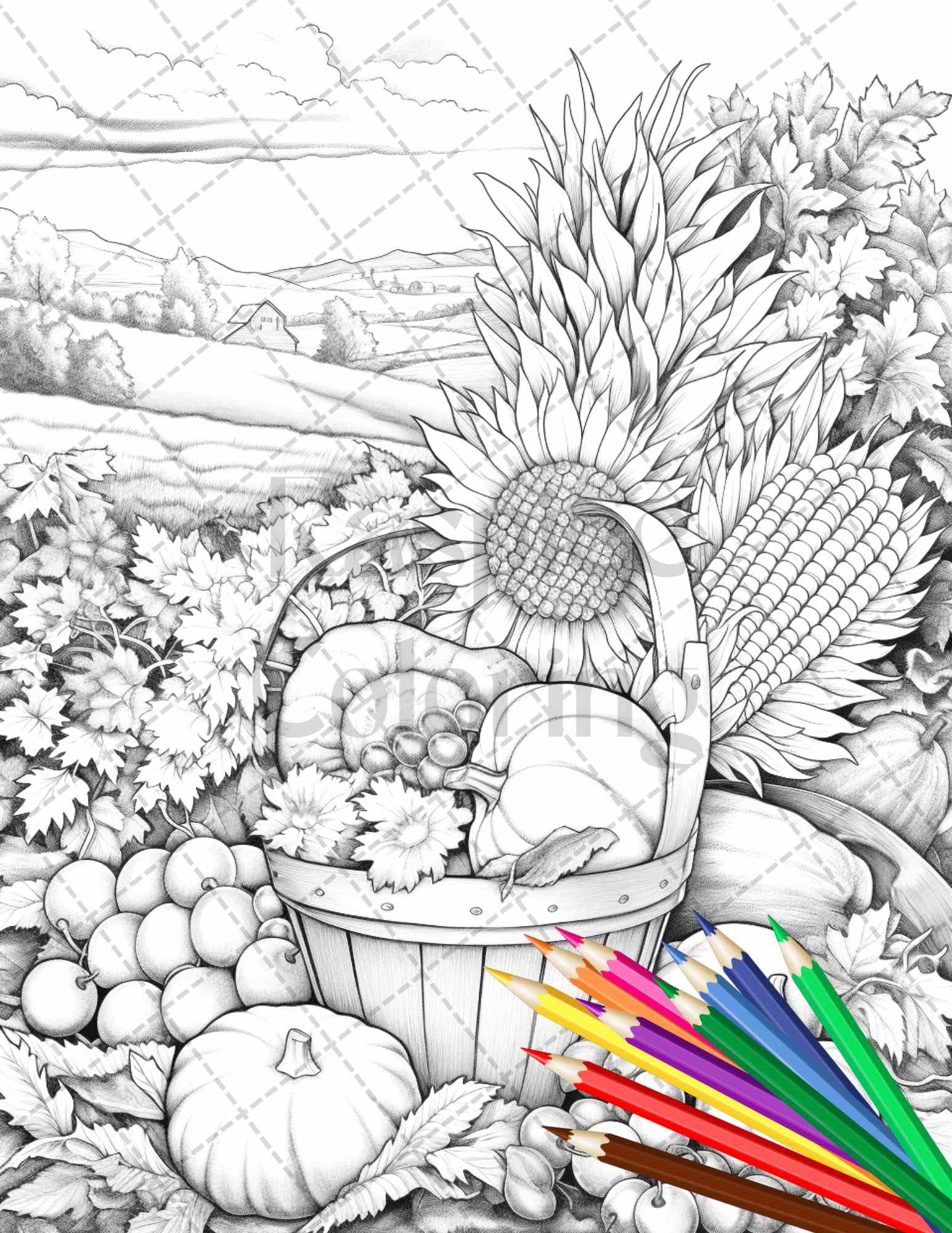 Autumn Harvest Grayscale Coloring Pages Printable for Adults, Relaxing Fall Themed Art, PDF File Instant Download