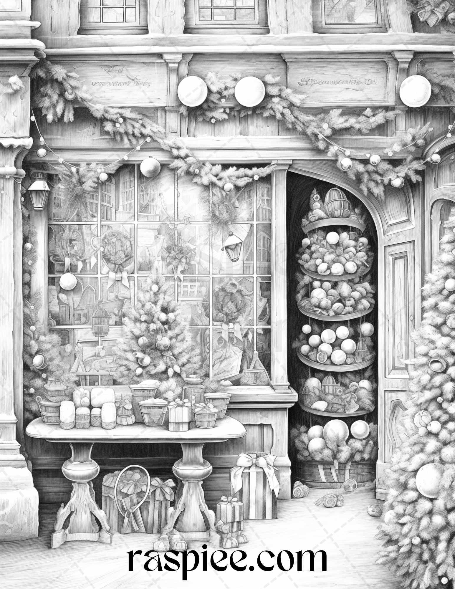 Christmas Store Front Grayscale Coloring Pages for Adults, PDF Printable Instant Download