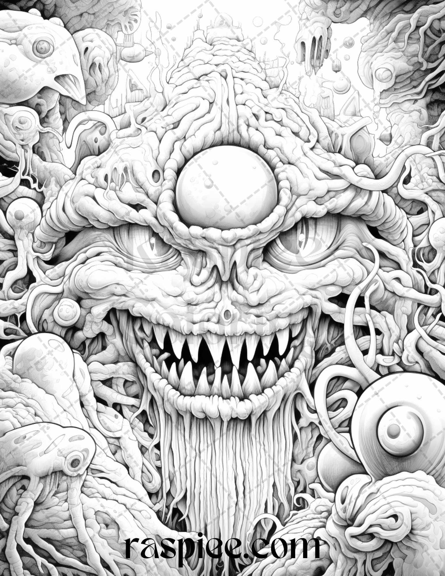 53 Surreal Creatures Grayscale Coloring Pages for Adults, Printable PDF File Instant Download