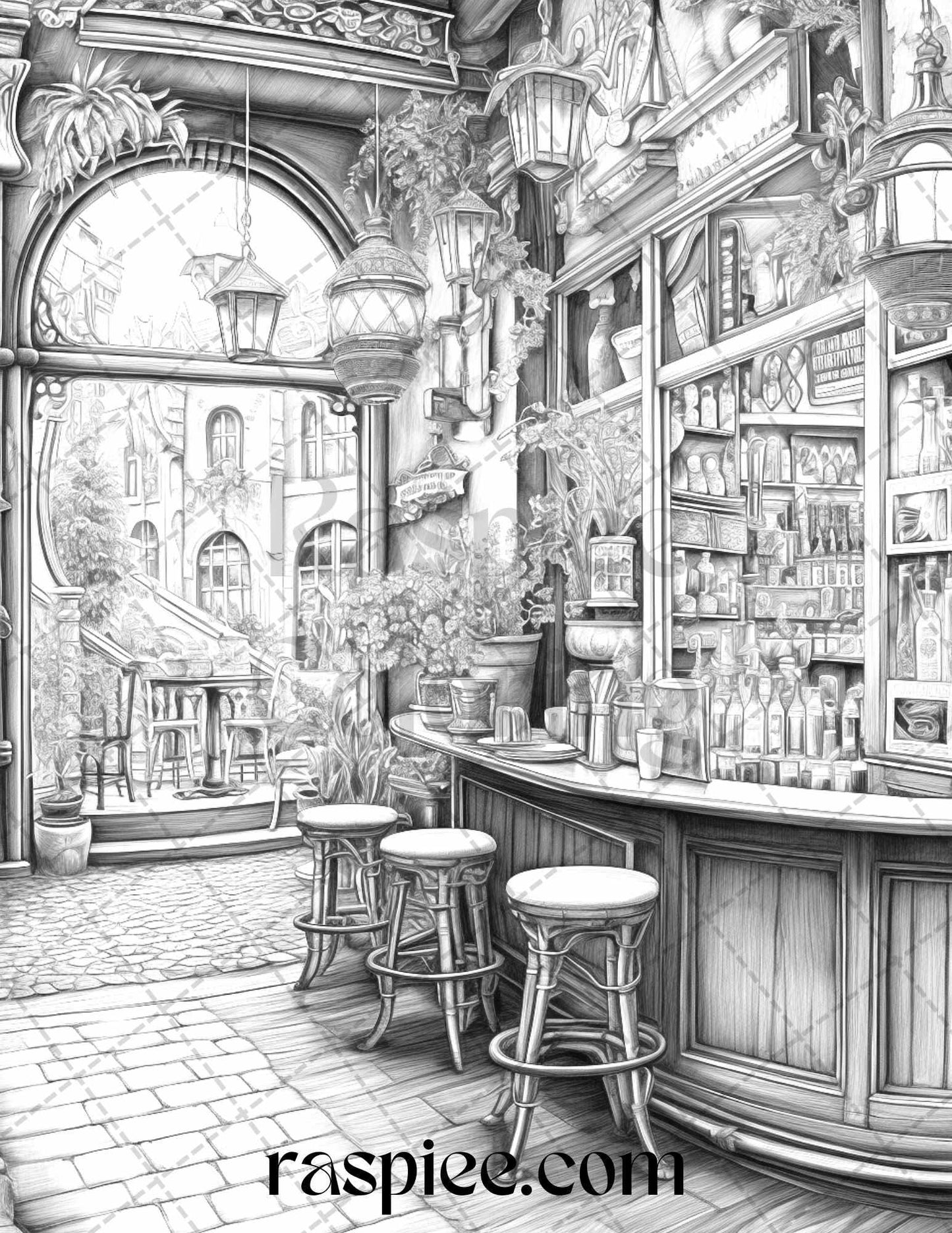50 Cozy Coffee Shop Grayscale Coloring Pages Printable for Adults, PDF File Instant Download
