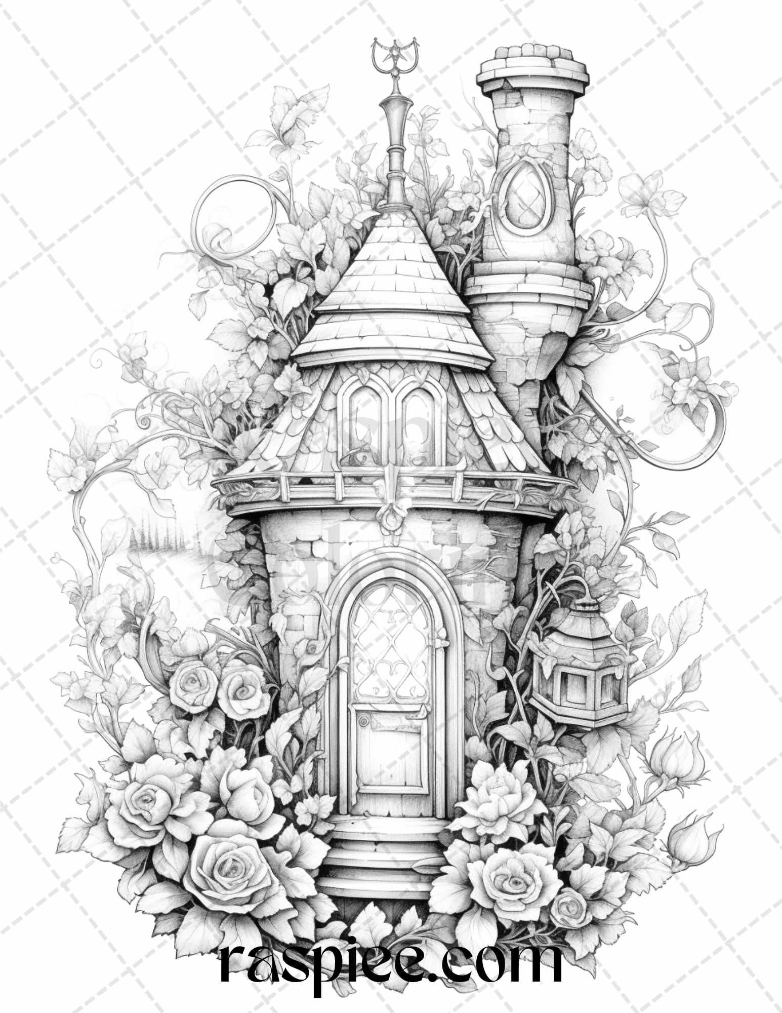 50 Lantern Fairy Houses Grayscale Coloring Pages Printable for Adults, PDF File Instant Download