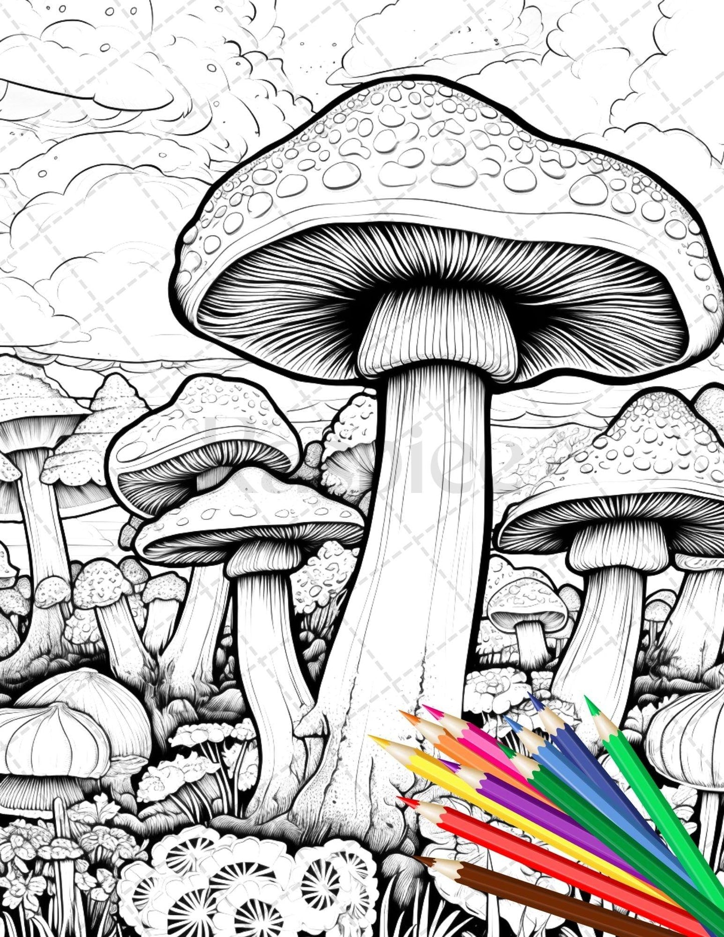 Psychedelic Mushroom Forest Coloring Book Printable for Adults, Trippy Grayscale Coloring Page, PDF File Instant Download