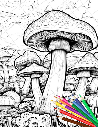 Psychedelic Mushroom Forest Coloring Book Printable for Adults, Trippy Grayscale Coloring Page, PDF File Instant Download