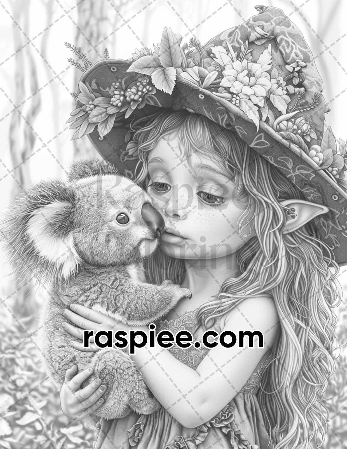 52 Elves Animal Kingdom Grayscale Adult Coloring Pages, Printable PDF Instant Download