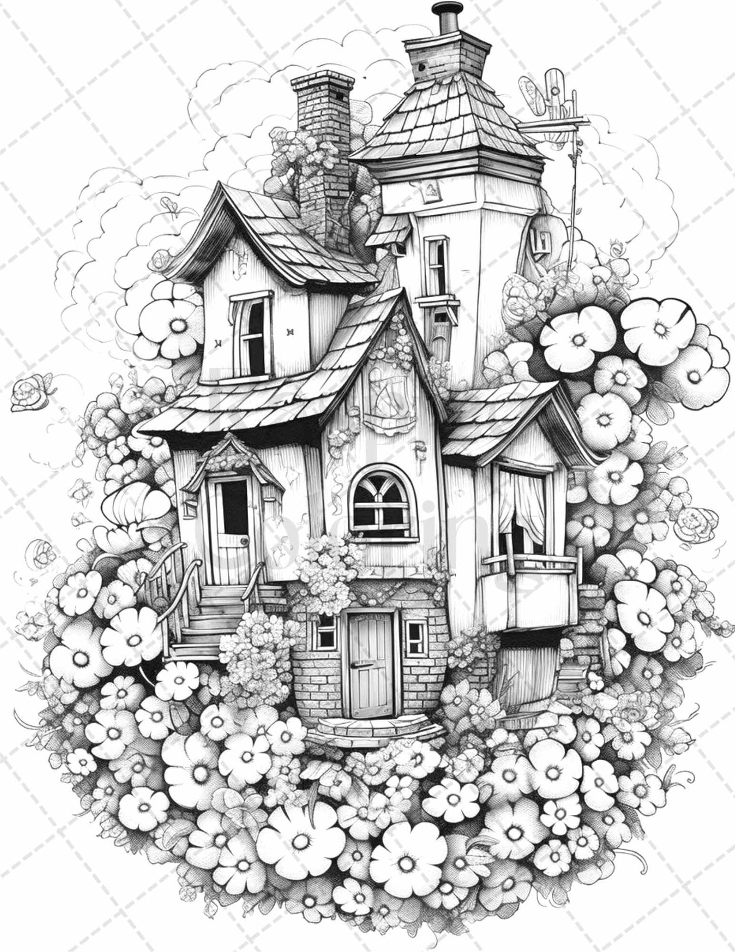 60 Flower Houses Grayscale Coloring Pages Printable for Adults, PDF File Instant Download