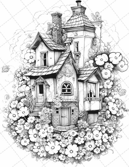 60 Flower Houses Grayscale Coloring Pages Printable for Adults, PDF File Instant Download