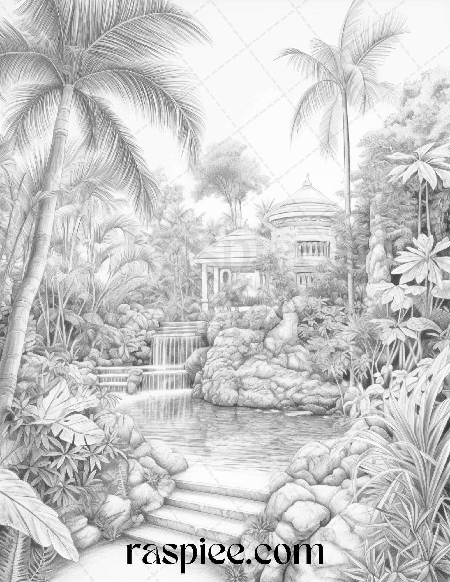 52 Tropical Oasis Grayscale Coloring Pages Printable for Adults, PDF File Instant Download