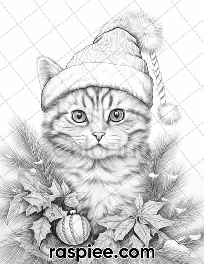 40 Christmas Cats Grayscale Coloring Pages for Adults, Printable PDF Instant Download