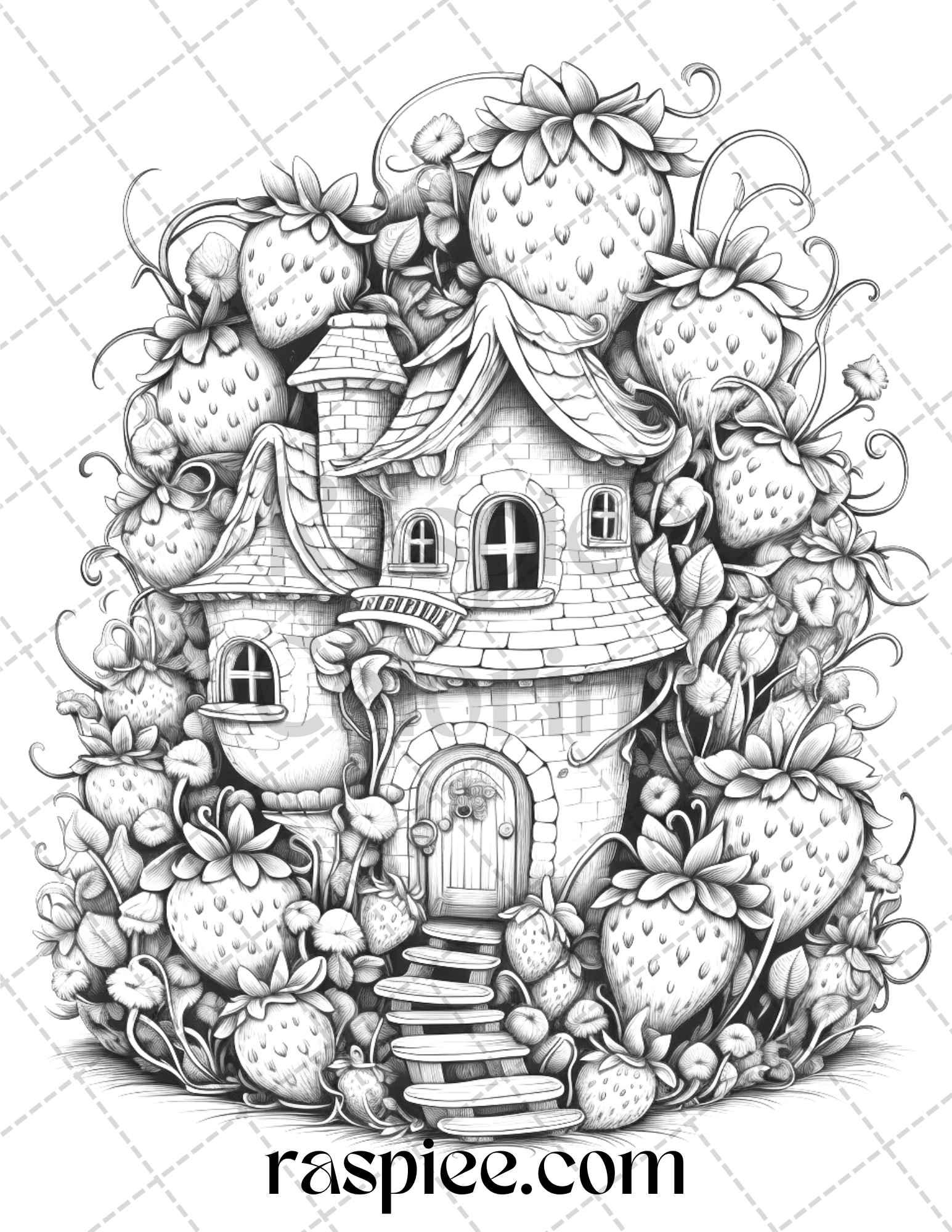 50 Strawberry Houses Grayscale Coloring Pages Printable for Adults Kids, PDF File Instant Download