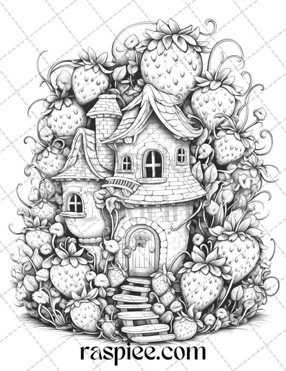 50 Strawberry Houses Grayscale Coloring Pages Printable for Adults Kids, PDF File Instant Download