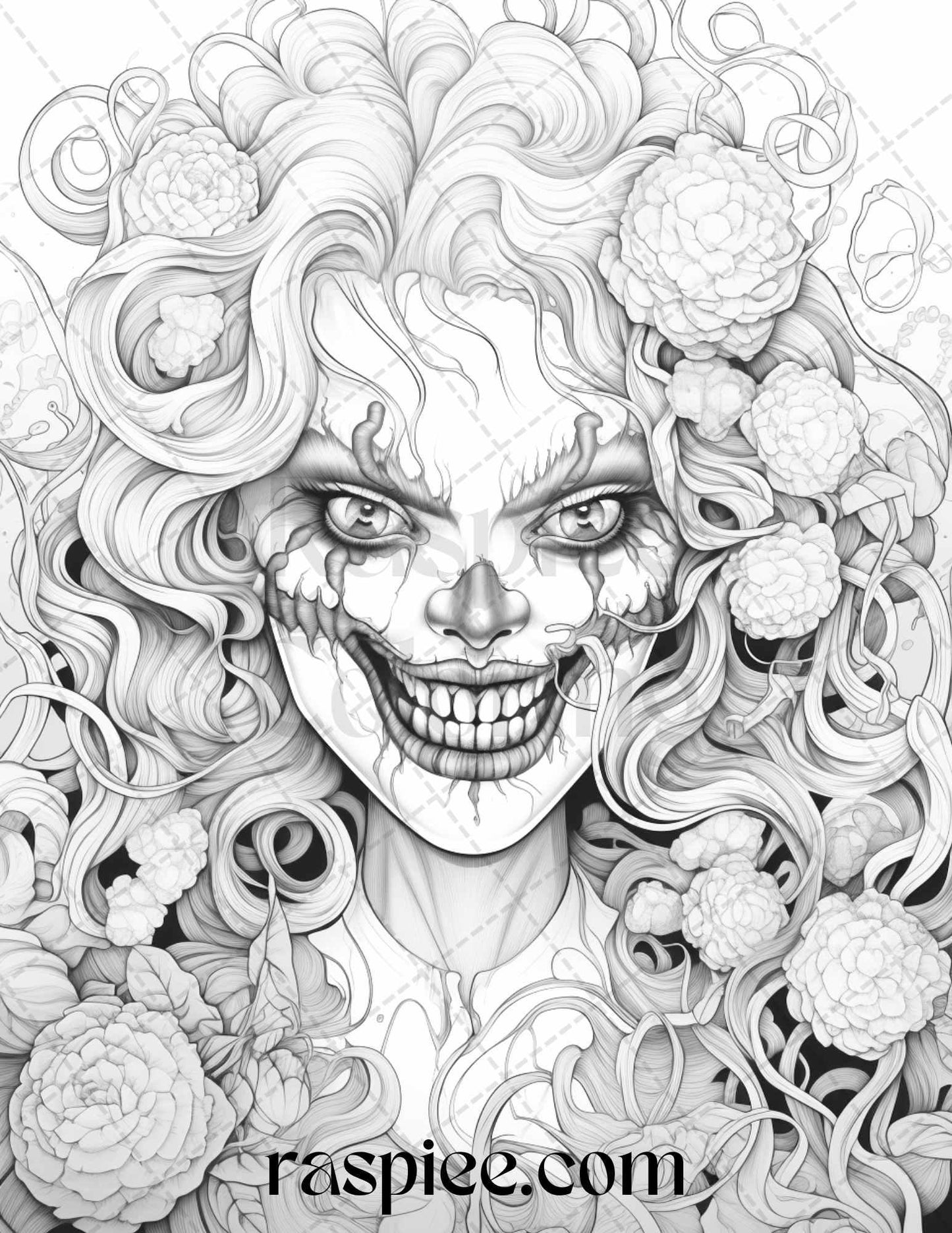 50 Scary Clown Girls Grayscale Coloring Pages Printable for Adults, PDF File Instant Download