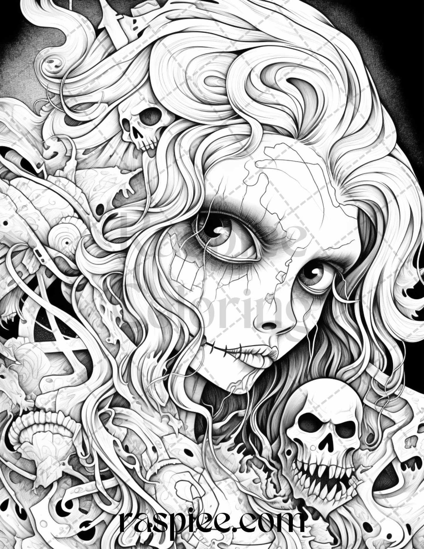 50 Spooky Miss Nightmare Grayscale Coloring Pages Printable for Adults, PDF File Instant Download