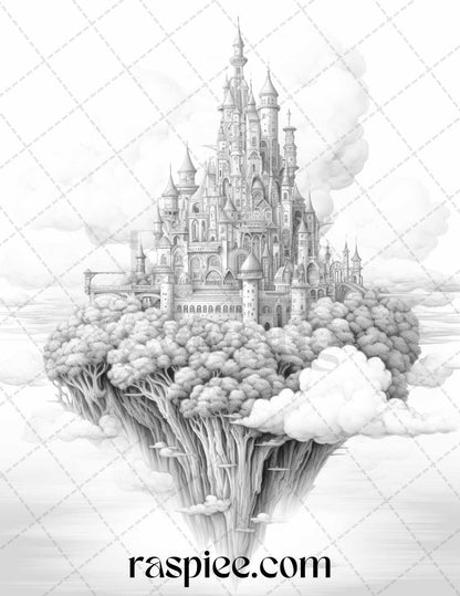 Floating Castle in the Sky Grayscale Coloring Pages for Adults, Printable PDF File Instant Download