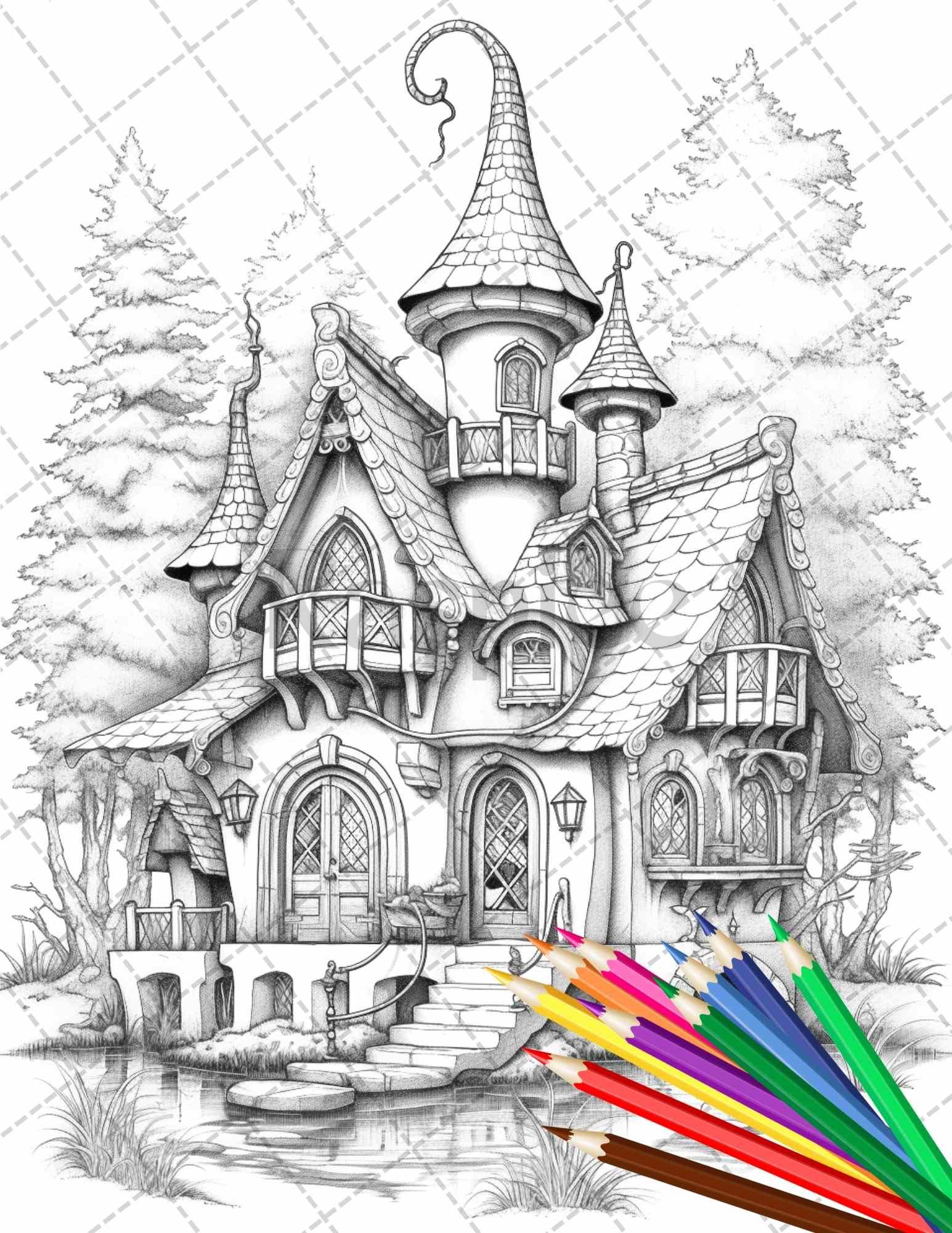63 Winter Fairy Houses Grayscale Coloring Pages Printable for Adults, PDF File Instant Download