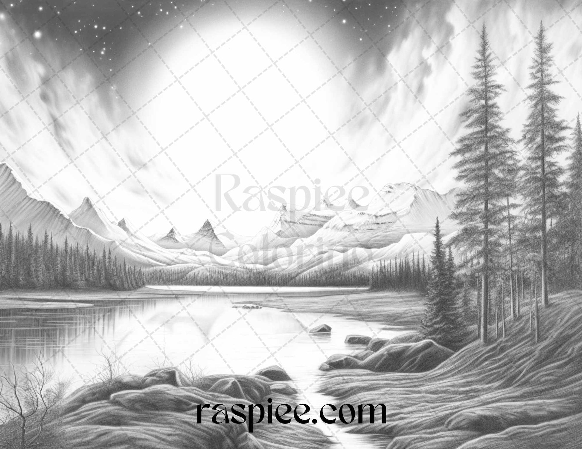 Aurora Borealis Landscape Grayscale Coloring Pages for Adults, Printable PDF File Instant Download