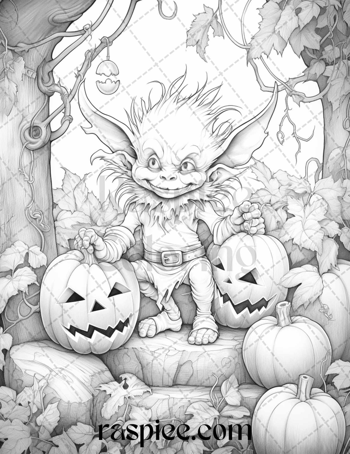 50 Halloween Goblin Grayscale Coloring Pages Printable for Adults, PDF File Instant Download