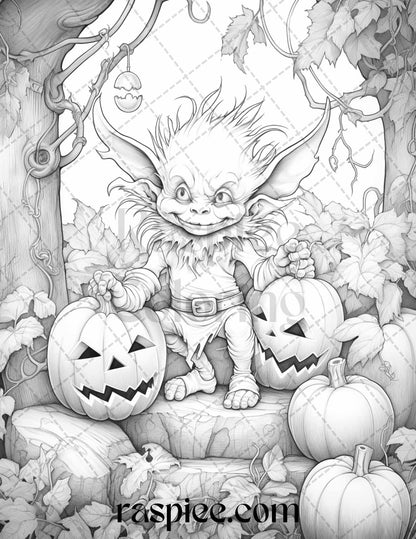 50 Halloween Goblin Grayscale Coloring Pages Printable for Adults, PDF File Instant Download