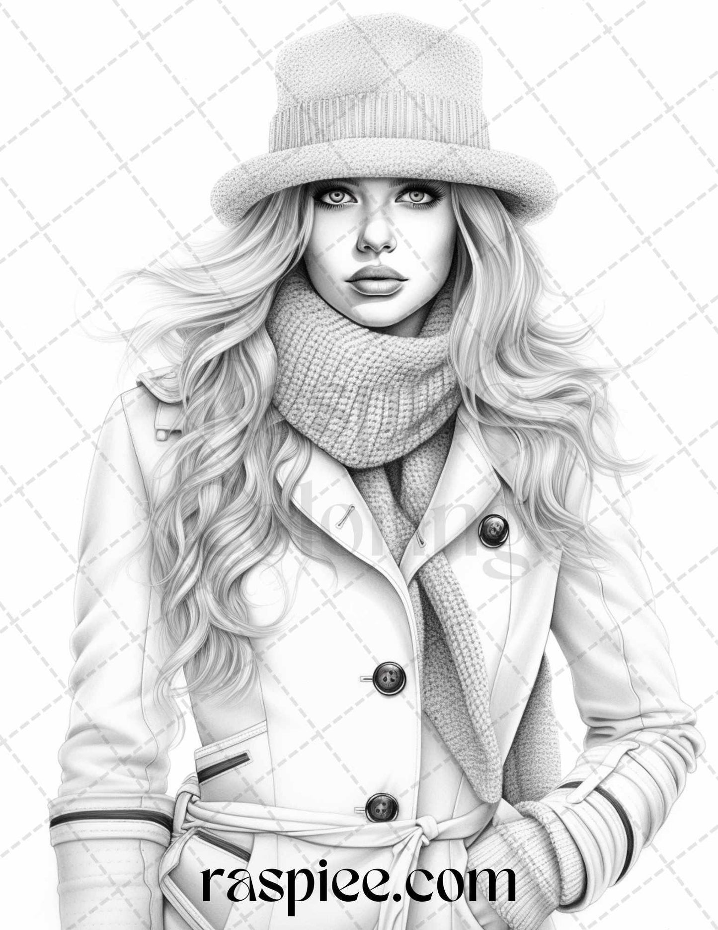 40 Winter Fashion Grayscale Coloring Pages Printable for Adults, PDF File Instant Download