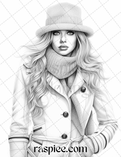 40 Winter Fashion Grayscale Coloring Pages Printable for Adults, PDF File Instant Download