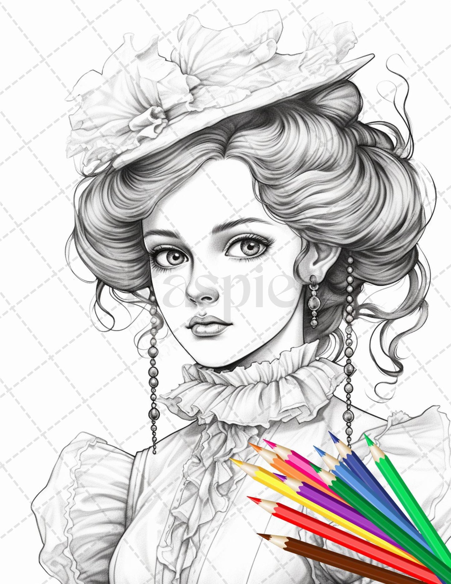 36 Beautiful Victorian Girls Coloring Pages Printable for Adults, Grayscale Coloring Page, PDF File Instant Download