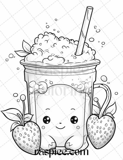 50 Cute Kawaii Boba Tea Grayscale Coloring Pages for Adults and Kids, Printable PDF File Instant Download