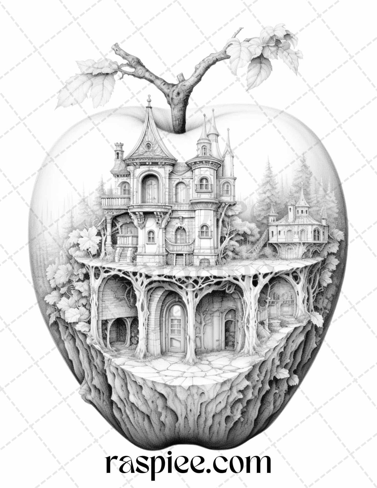 60 Miniworld in the Apple Grayscale Coloring Pages Printable for Adults, PDF File Instant Download