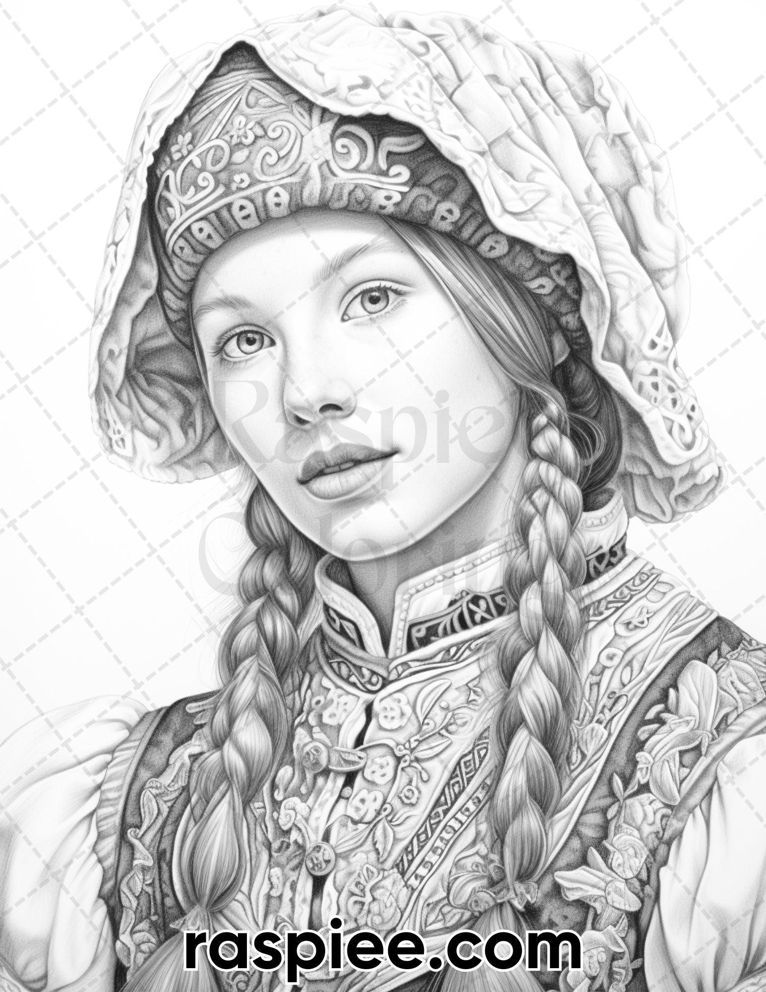 55 Traditional Swiss Girls Grayscale Adult Coloring Pages, Printable PDF Instant Download