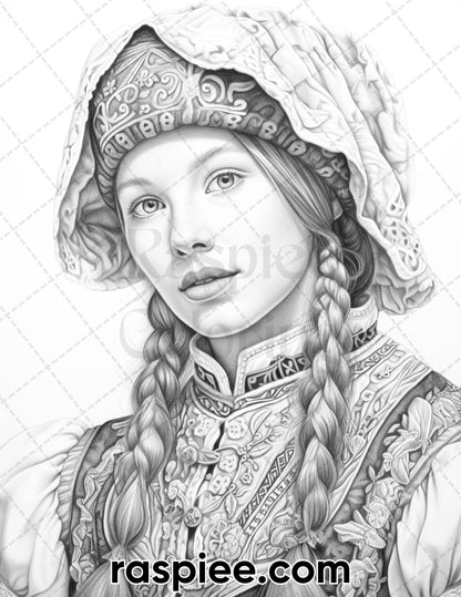 55 Traditional Swiss Girls Grayscale Adult Coloring Pages, Printable PDF Instant Download