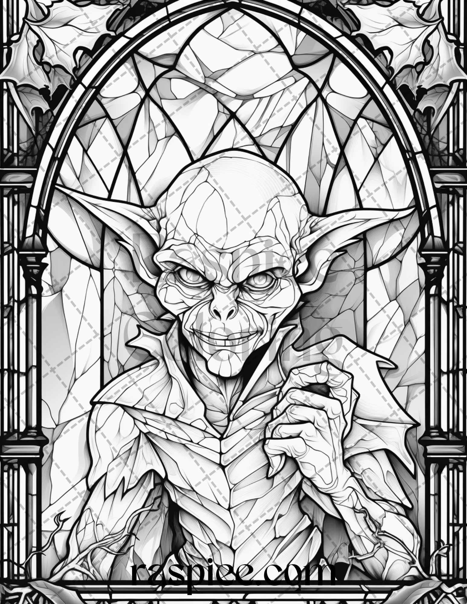 70 Halloween Stained Glass Grayscale Coloring Pages Printable for Adults, PDF File Instant Download
