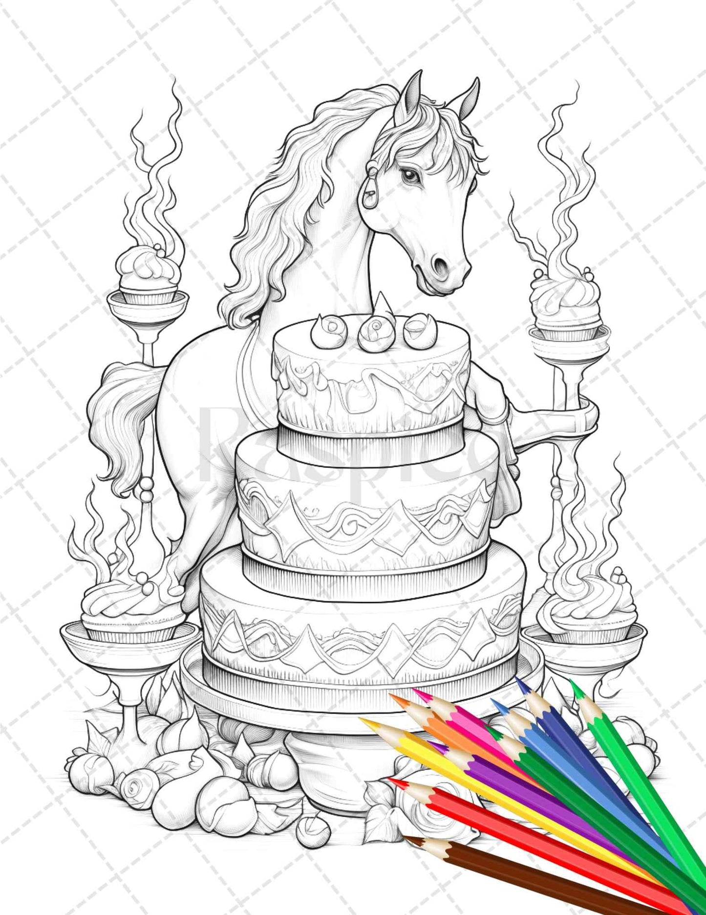 38 Whimsical Cakes Grayscale Coloring Pages for Adults, PDF File Instant Download