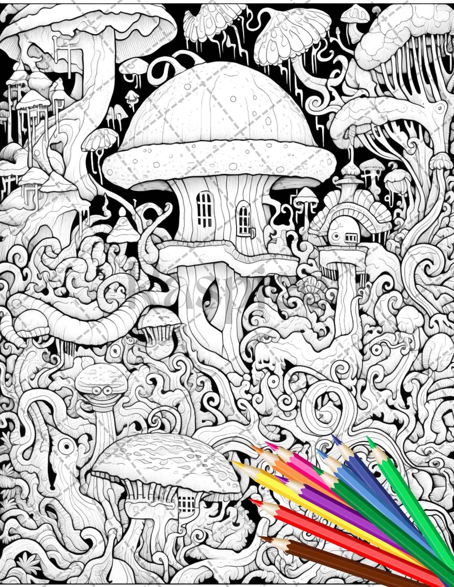 Psychedelic Trippy Coloring Book Printable for Adults, Grayscale Coloring Page, PDF File Instant Download