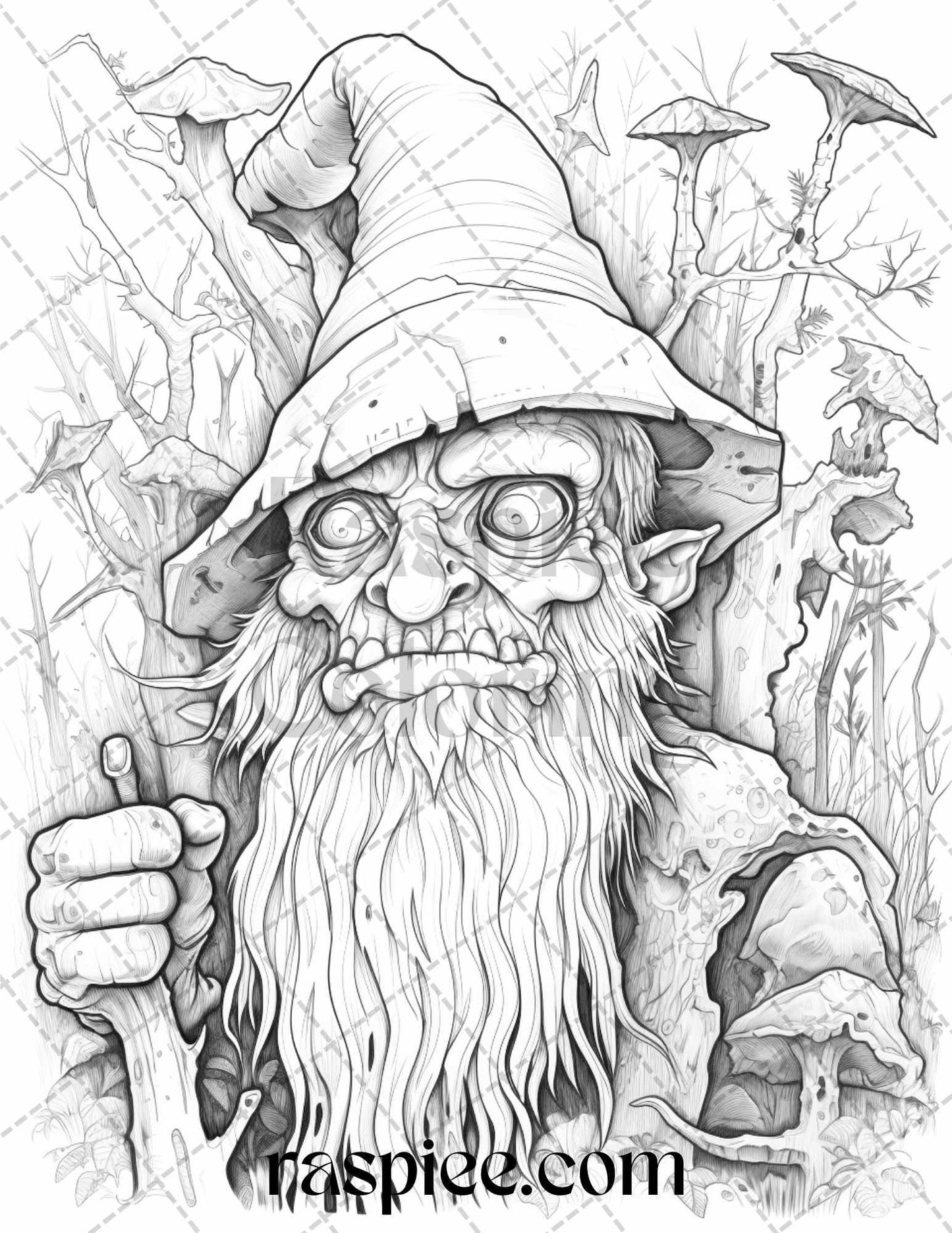 50 Horror Zombie Gnomes Grayscale Coloring Pages Printable for Adults, PDF File Instant Download
