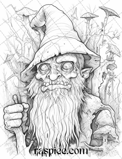 50 Horror Zombie Gnomes Grayscale Coloring Pages Printable for Adults, PDF File Instant Download