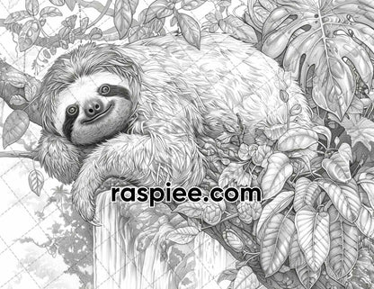 65 Rainforest Waterfall Grayscale Adult Coloring Pages, Printable PDF Instant Download