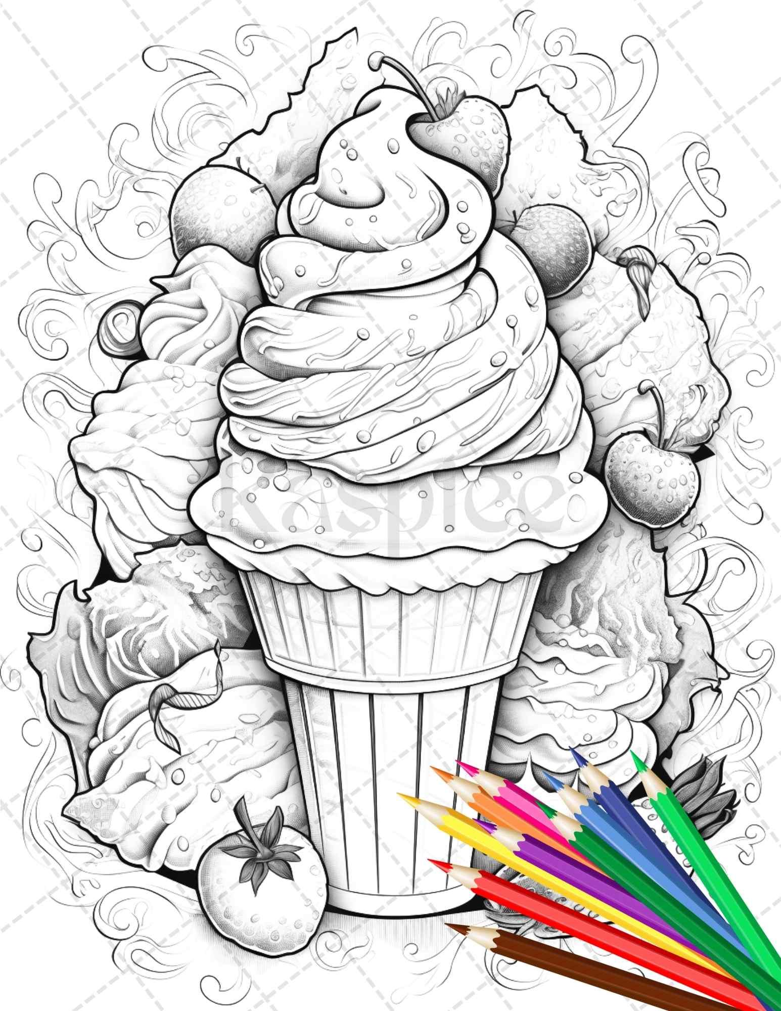 52 Printable Ice Cream Desserts Coloring Pages for Adults and Kids, Grayscale Coloring Page, PDF File Instant Download