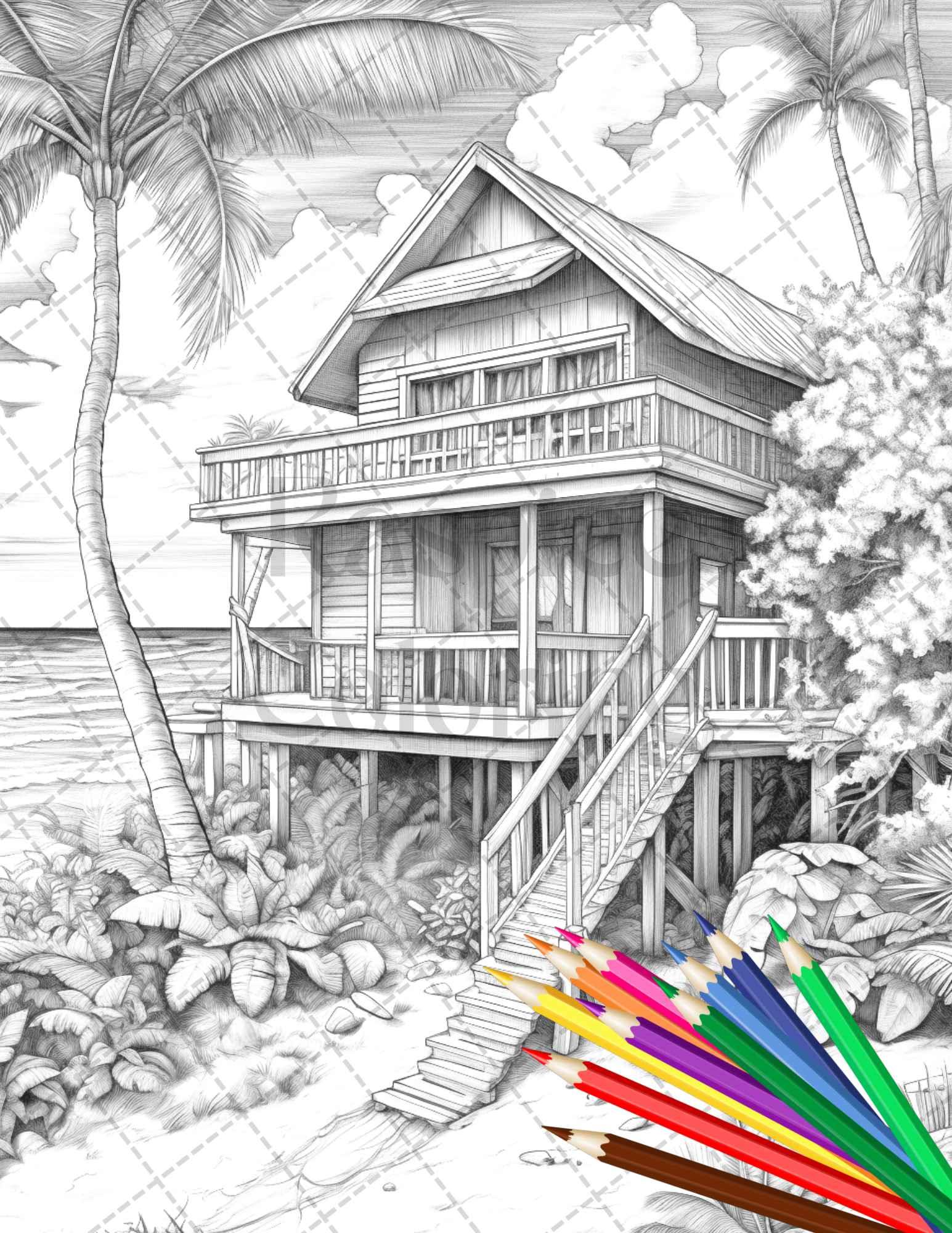 Beautiful Tropical Beach Grayscale Coloring Pages Printable for Adults, PDF File Instant Download