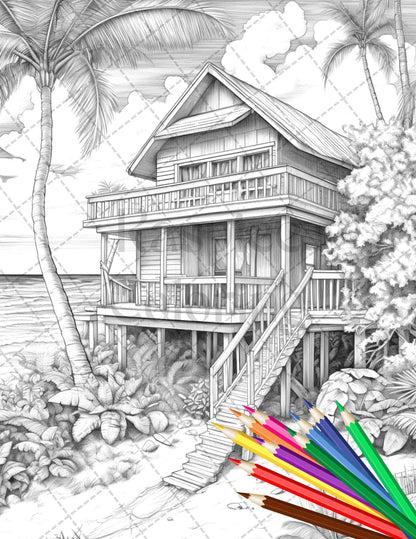 Beautiful Tropical Beach Grayscale Coloring Pages Printable for Adults, PDF File Instant Download