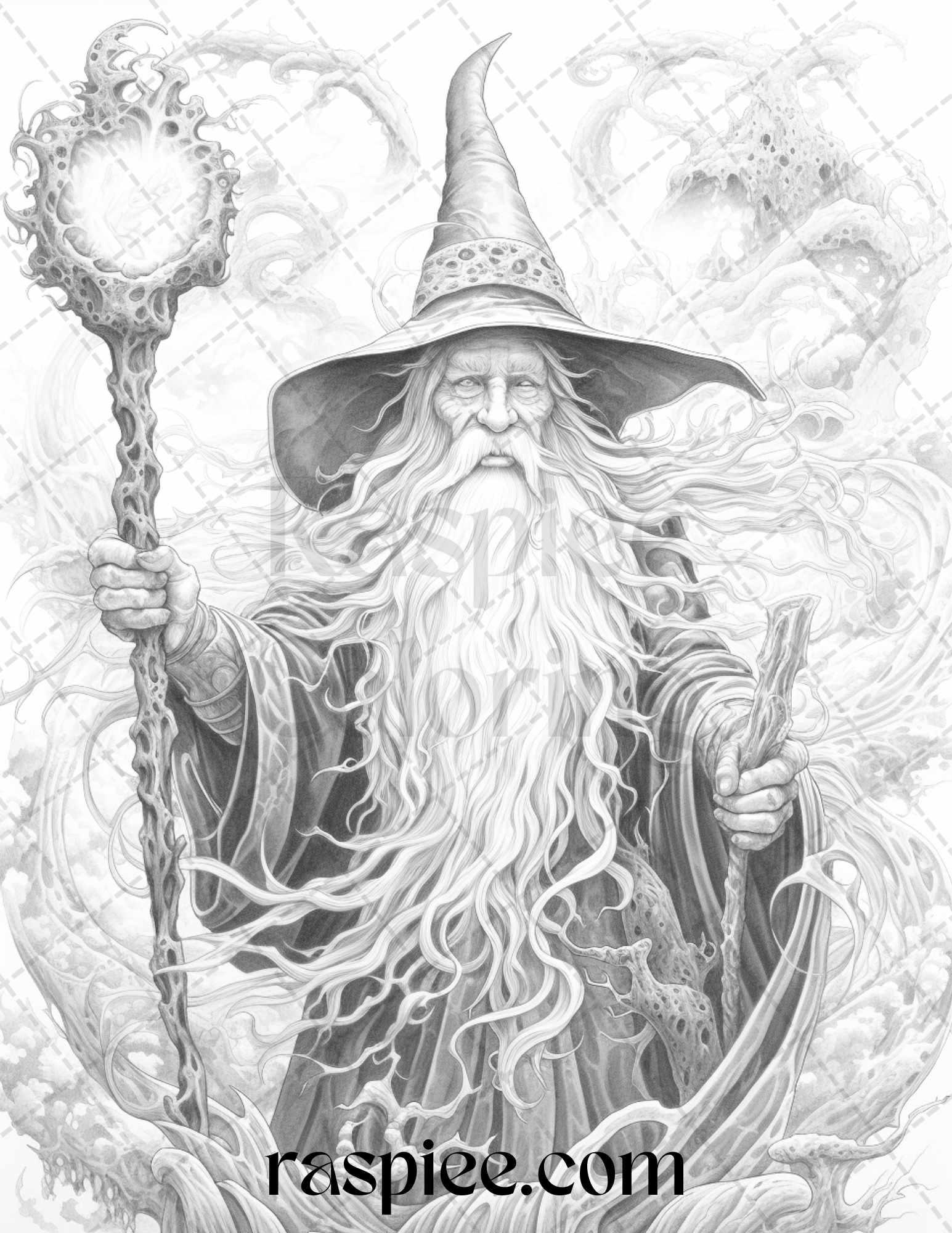 50 Magical Wizard Grayscale Coloring Pages for Adults, Printable PDF File Instant Download