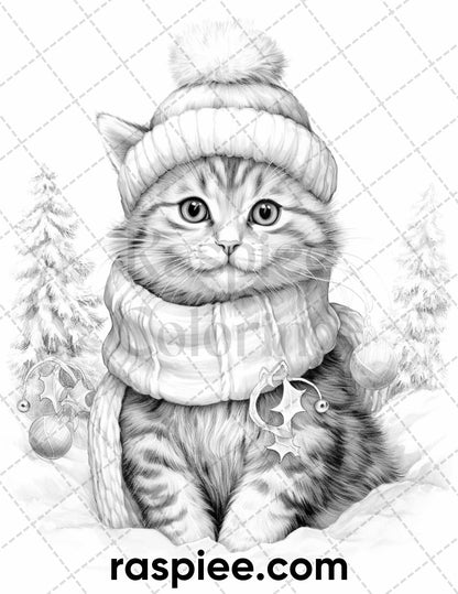 40 Christmas Cats Grayscale Coloring Pages for Adults, Printable PDF Instant Download