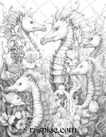 Ocean Life Grayscale Coloring Pages Printable for Adults Relaxation and Creativity, PDF File Instant Download