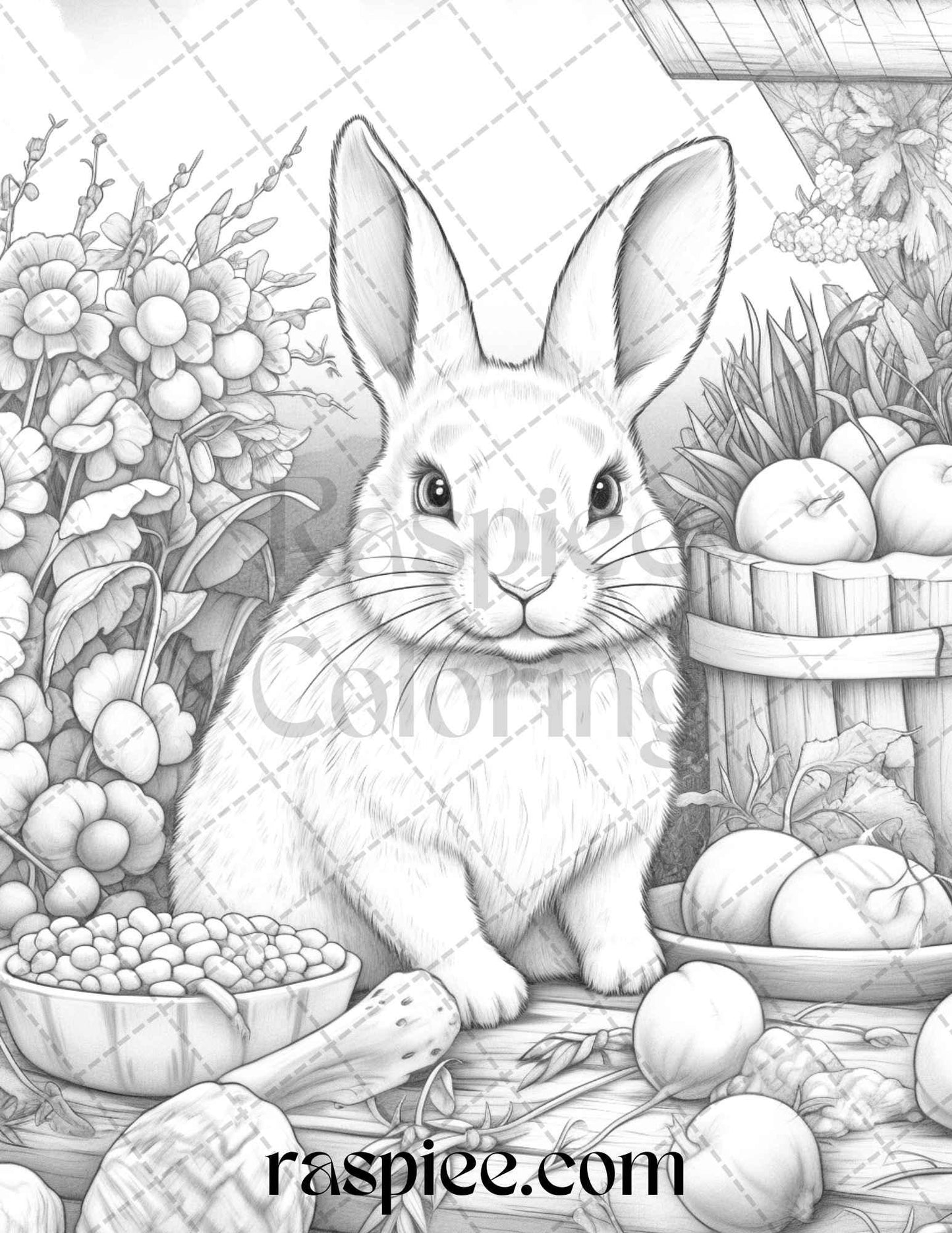 50 Rabbit Garden Grayscale Coloring Pages Printable for Adults, PDF File Instant Download