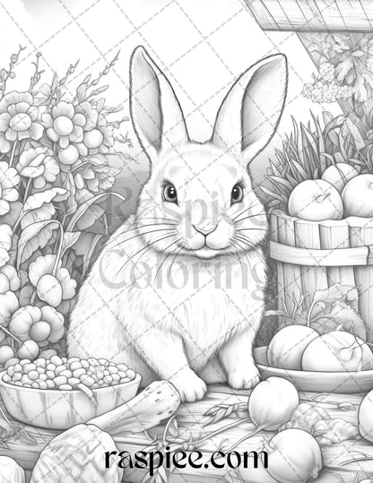 50 Rabbit Garden Grayscale Coloring Pages Printable for Adults, PDF File Instant Download