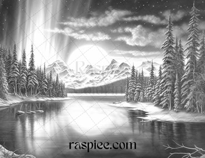 Aurora Borealis Landscape Grayscale Coloring Pages for Adults, Printable PDF File Instant Download