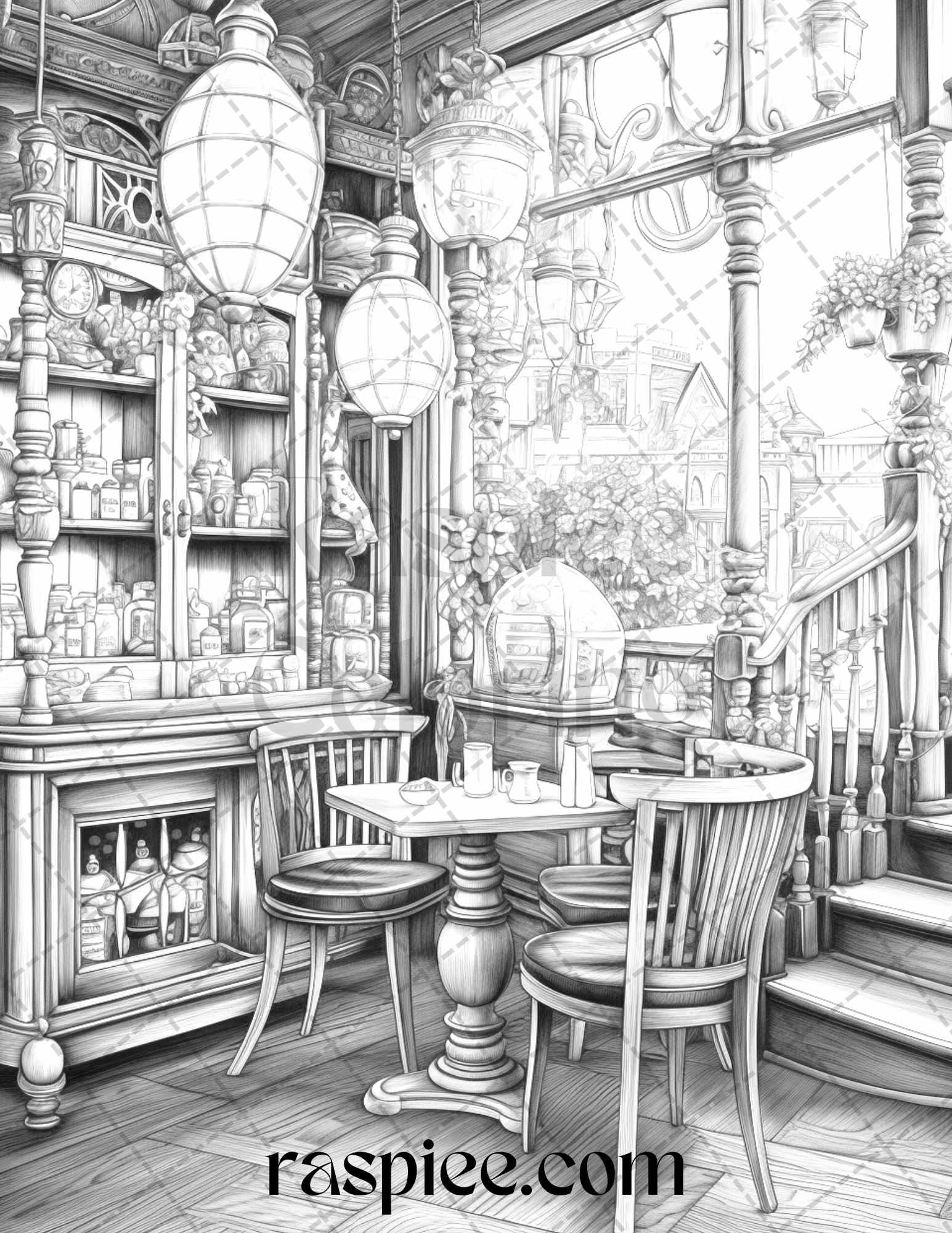 50 Cozy Coffee Shop Grayscale Coloring Pages Printable for Adults, PDF File Instant Download