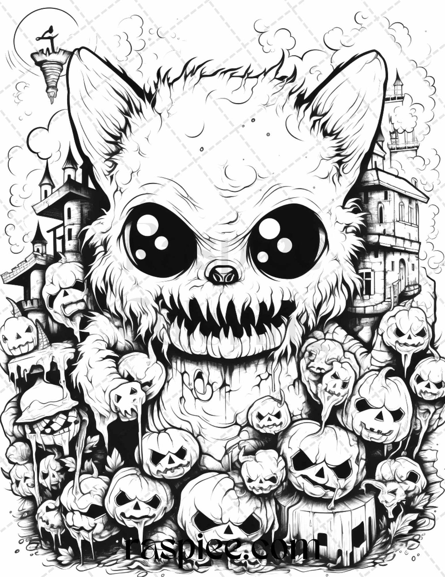 50 Halloween Scary Animals Grayscale Coloring Pages Printable for Adults, PDF File Instant Download