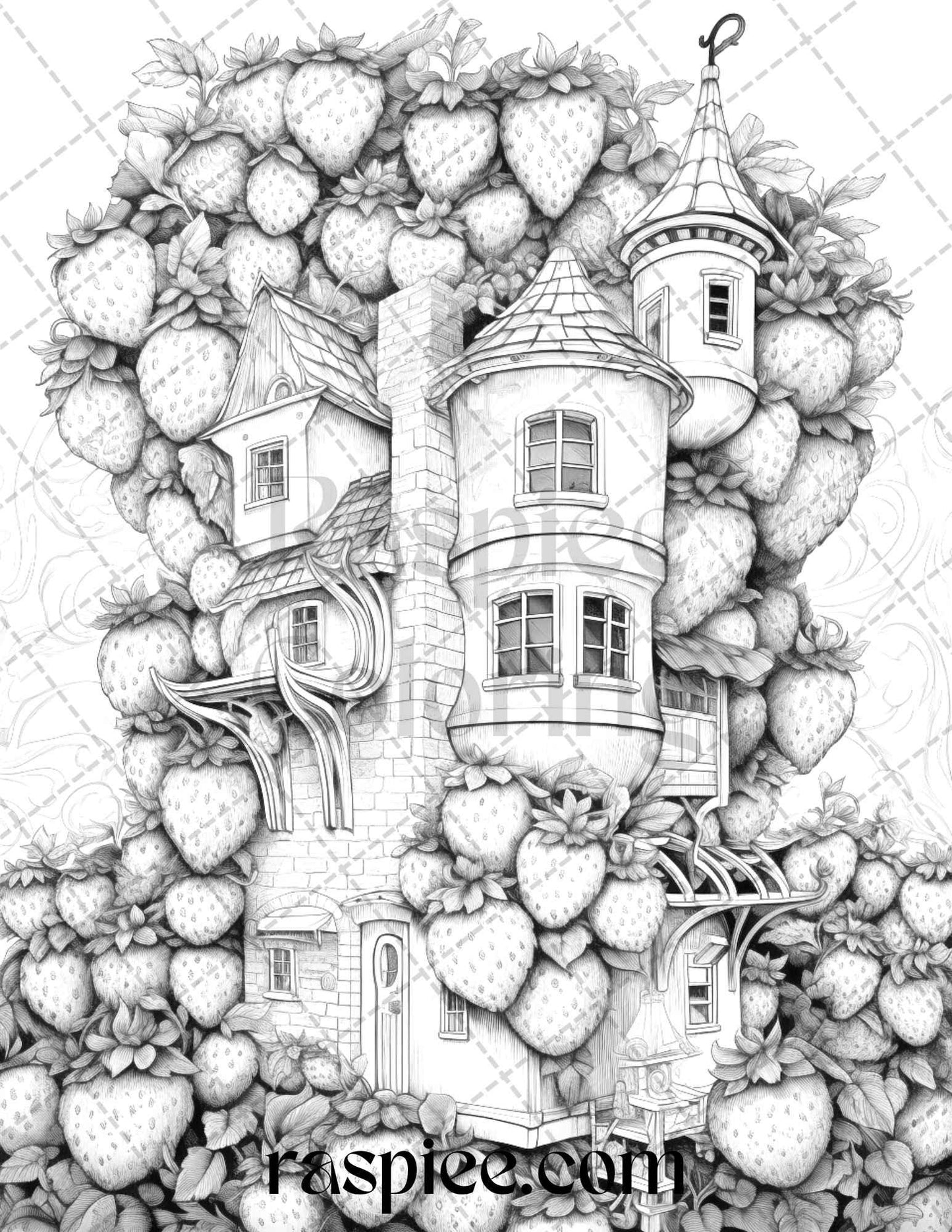 50 Strawberry Houses Grayscale Coloring Pages Printable for Adults Kids, PDF File Instant Download
