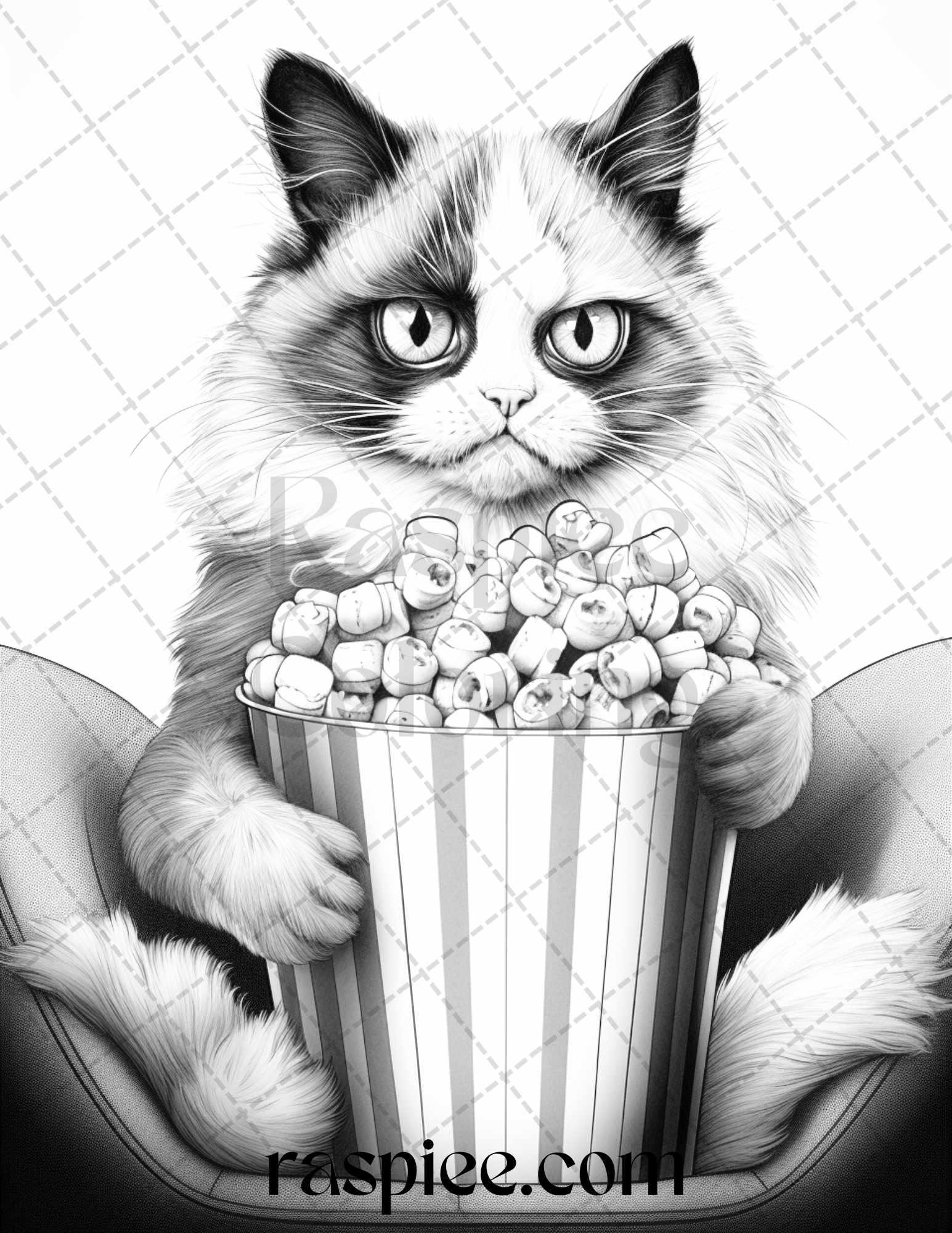 50 Grumpy Cat Grayscale Coloring Pages Printable for Adults, PDF File Instant Download