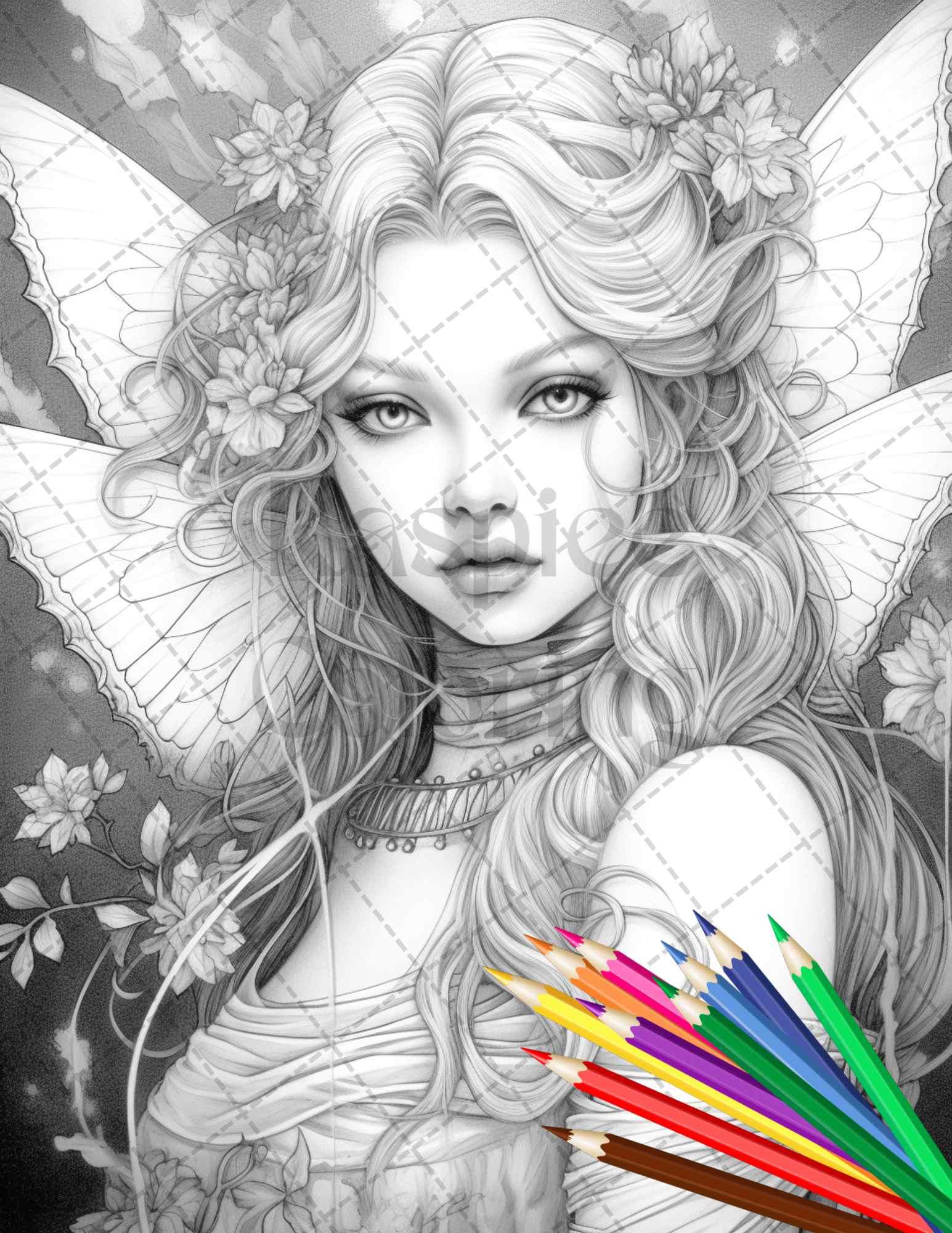 Beautiful Dark Fairy Grayscale Coloring Pages Printable for Adults, PDF File Instant Download