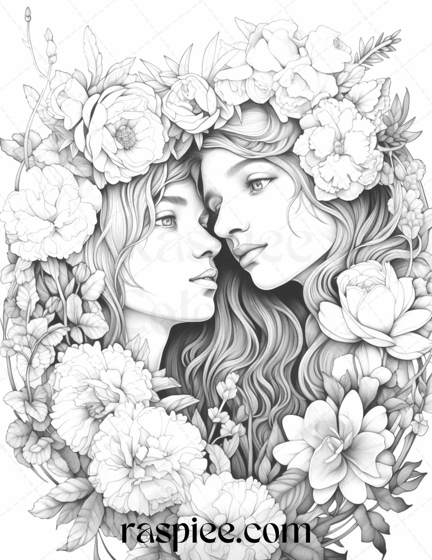 50 Romantic Couple Flowers Grayscale Coloring Pages Printable for Adults, PDF File Instant Download